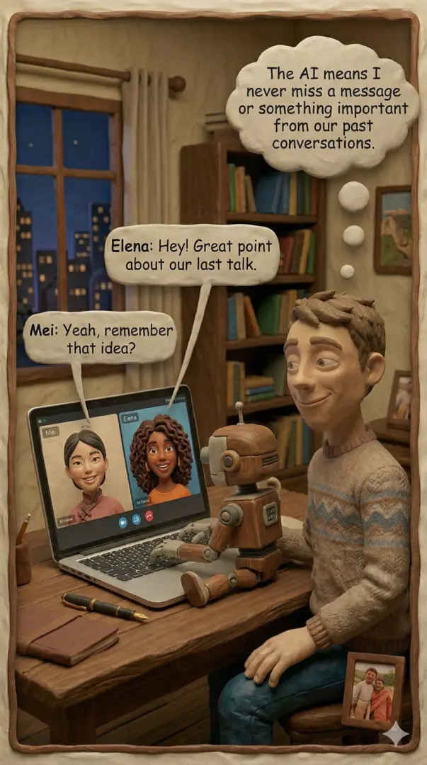 Man with AI robot assistant helping manage conversations