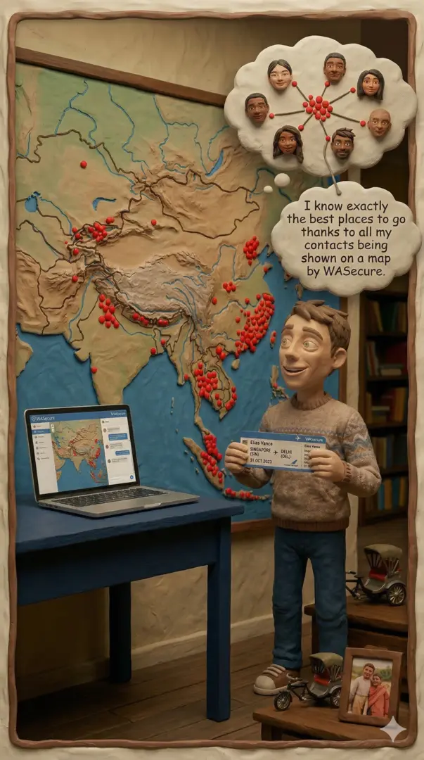 Man with world map showing contacts pinned by location