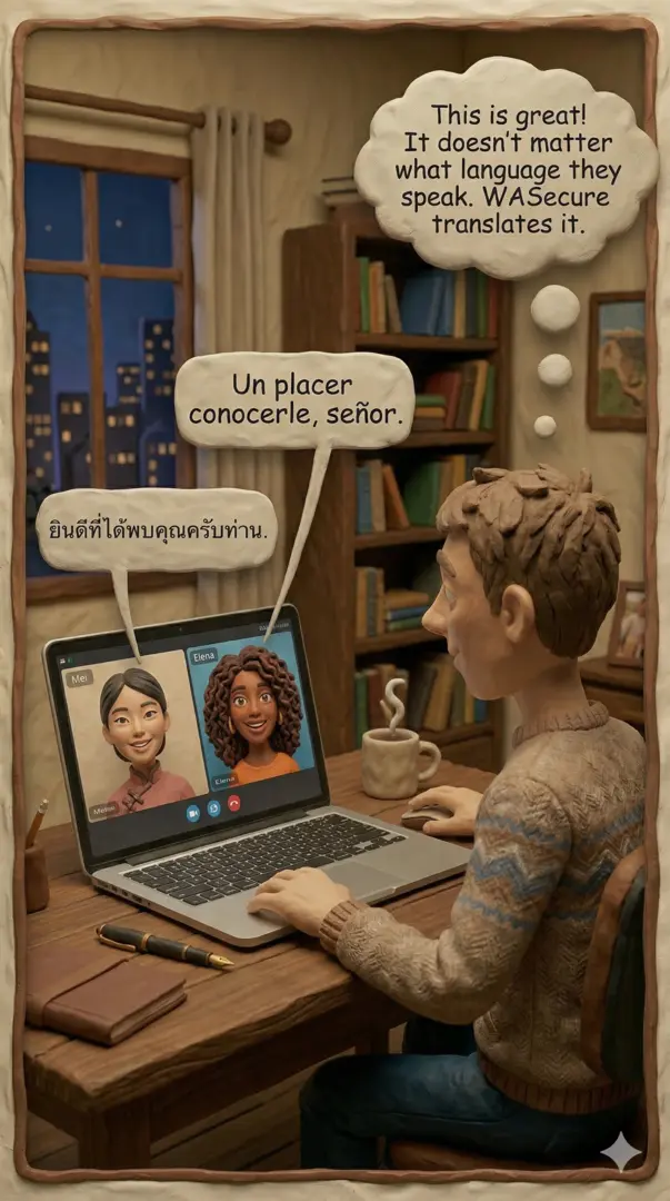 Man chatting in Spanish and Thai through automatic translation